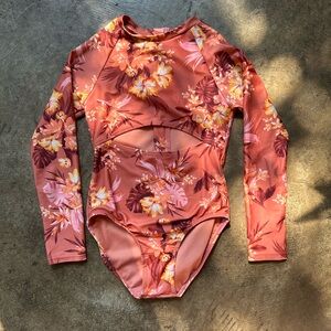 Girls Tropical One-Piece Long-Sleeve Swim Suit